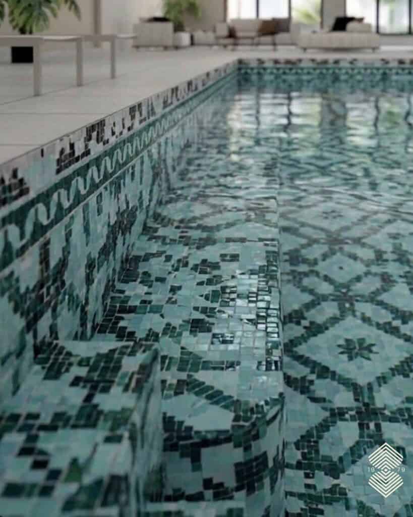 Luxury pool waterline tiles with Arabesque motifs