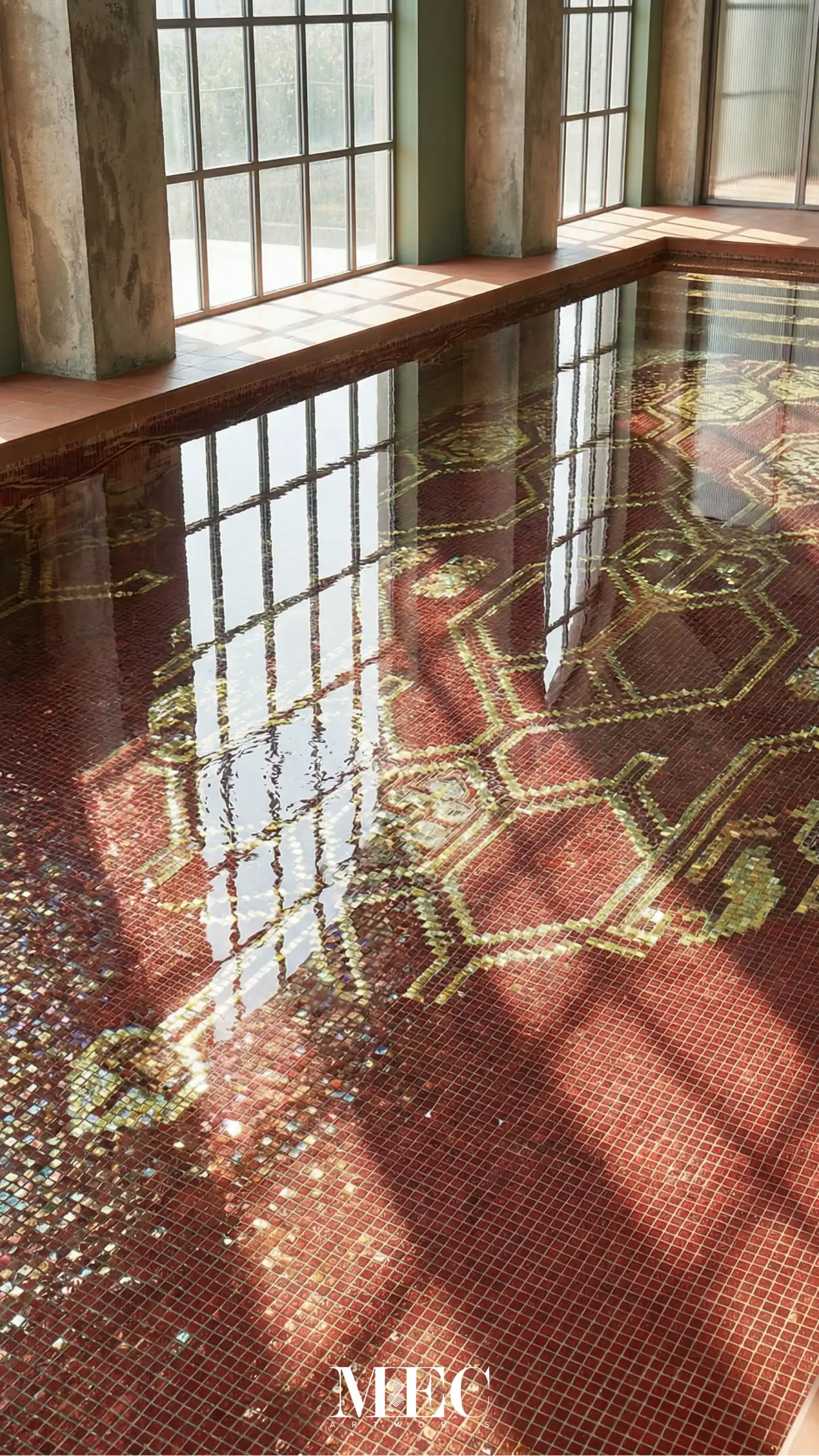 pool with crimson red and gold tesserae featuring intricate hexagonal underwater architectural patterns