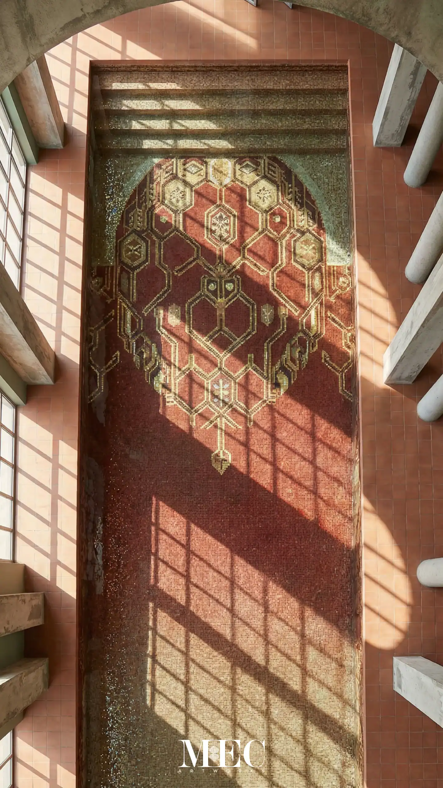 luxury geometric mosaic pool with crimson red and gold tesserae featuring intricate hexagonal underwater architectural patterns