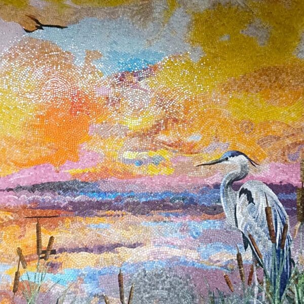 Lake Side Whimsy Mosaic luxury sunset mosaic mural featuring a graceful heron by a lakeside with handcrafted swirling tesserae in warm pastel tones