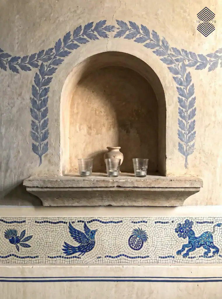 Border Mosaic Tile in White and Blue