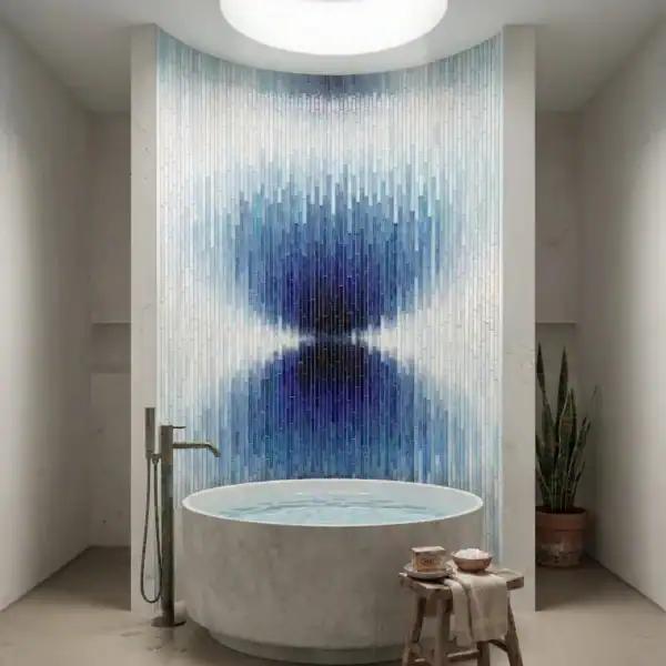 Lunar Ocean Ombre Gradient Mosaic blue gradient glass mosaic feature wall behind luxury bathtub with artistic reflective pattern in modern spa-inspired bathroom