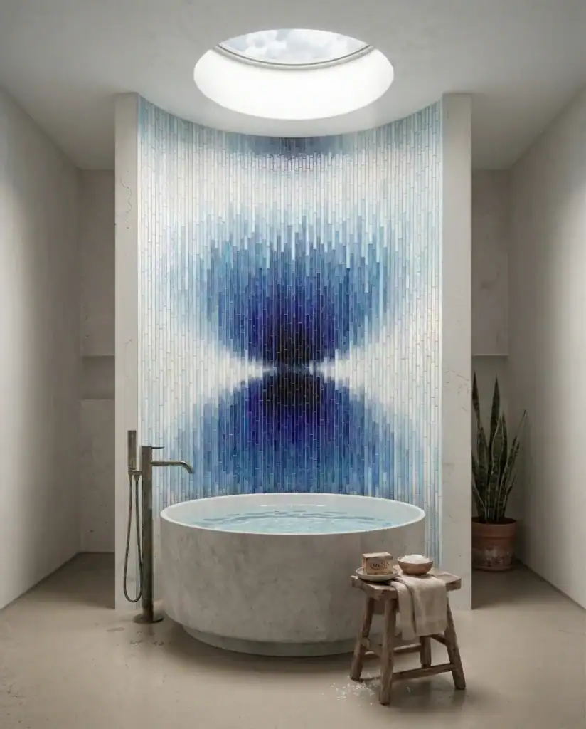 blue gradient glass mosaic feature wall behind luxury bathtub with artistic reflective pattern in modern spa-inspired bathroom