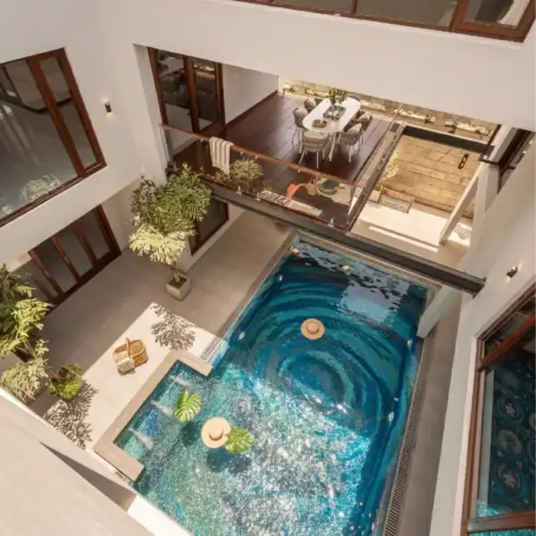 Maelstrom Pool Mosaic Design swirling blue pool mosaic with whirlpool-inspired pattern in aqua and navy tones, ideal for luxury pools, spas, and resort-style interiors