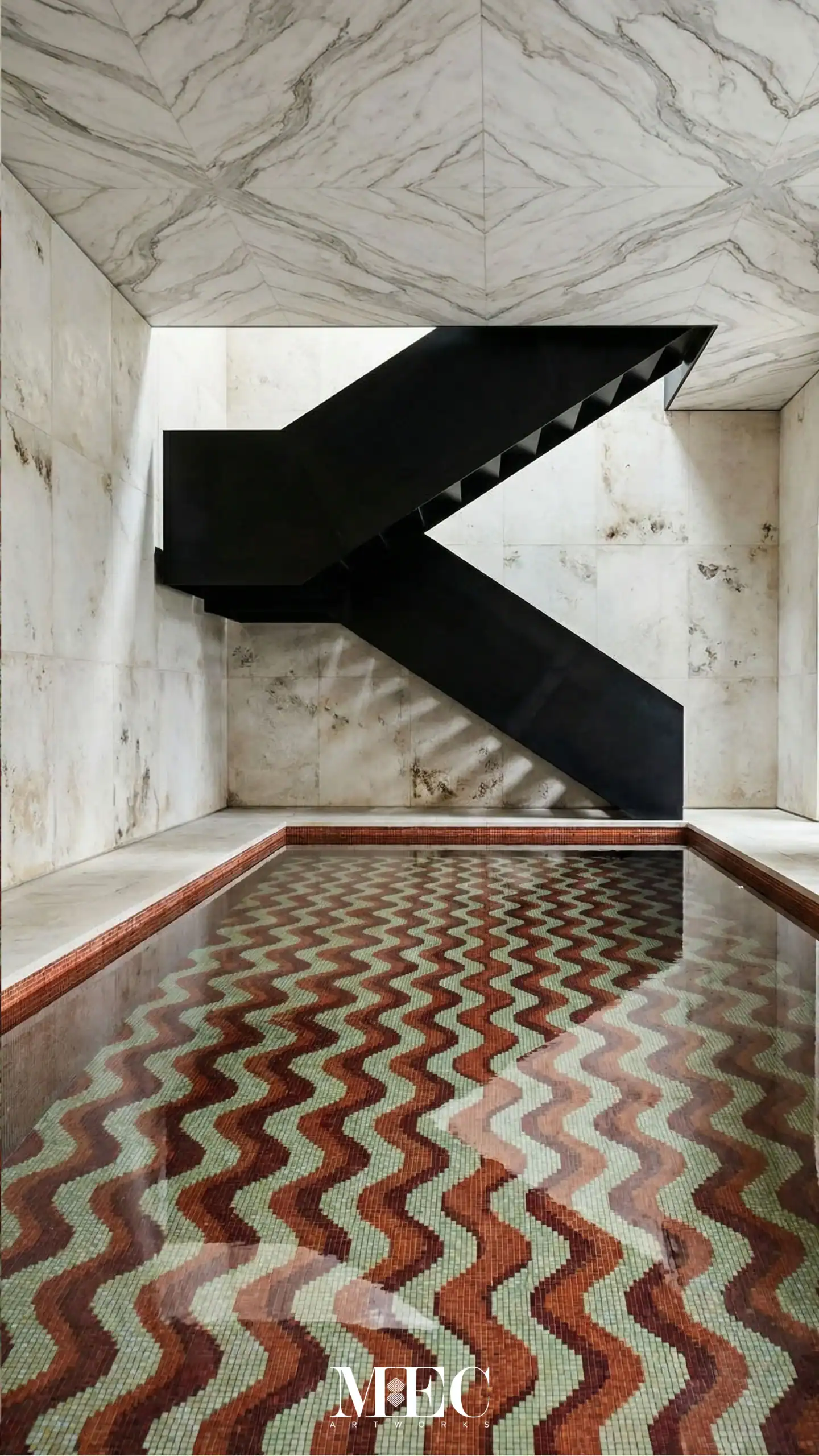 mosaic pool with flowing terracotta and sage zigzag patterns creating modern underwater architectural elegance
