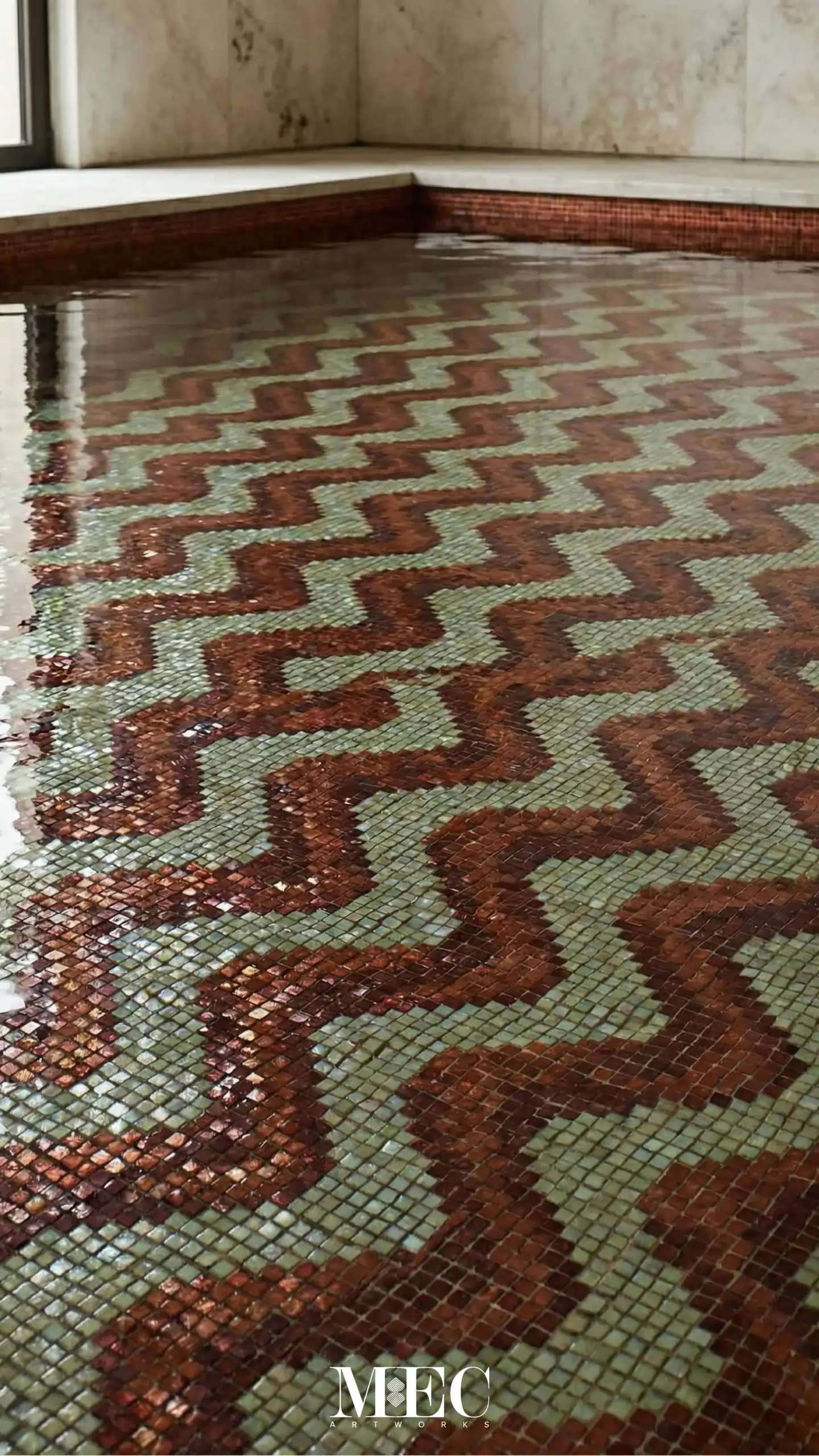 pool with flowing terracotta and sage zigzag patterns creating modern underwater architectural elegance
