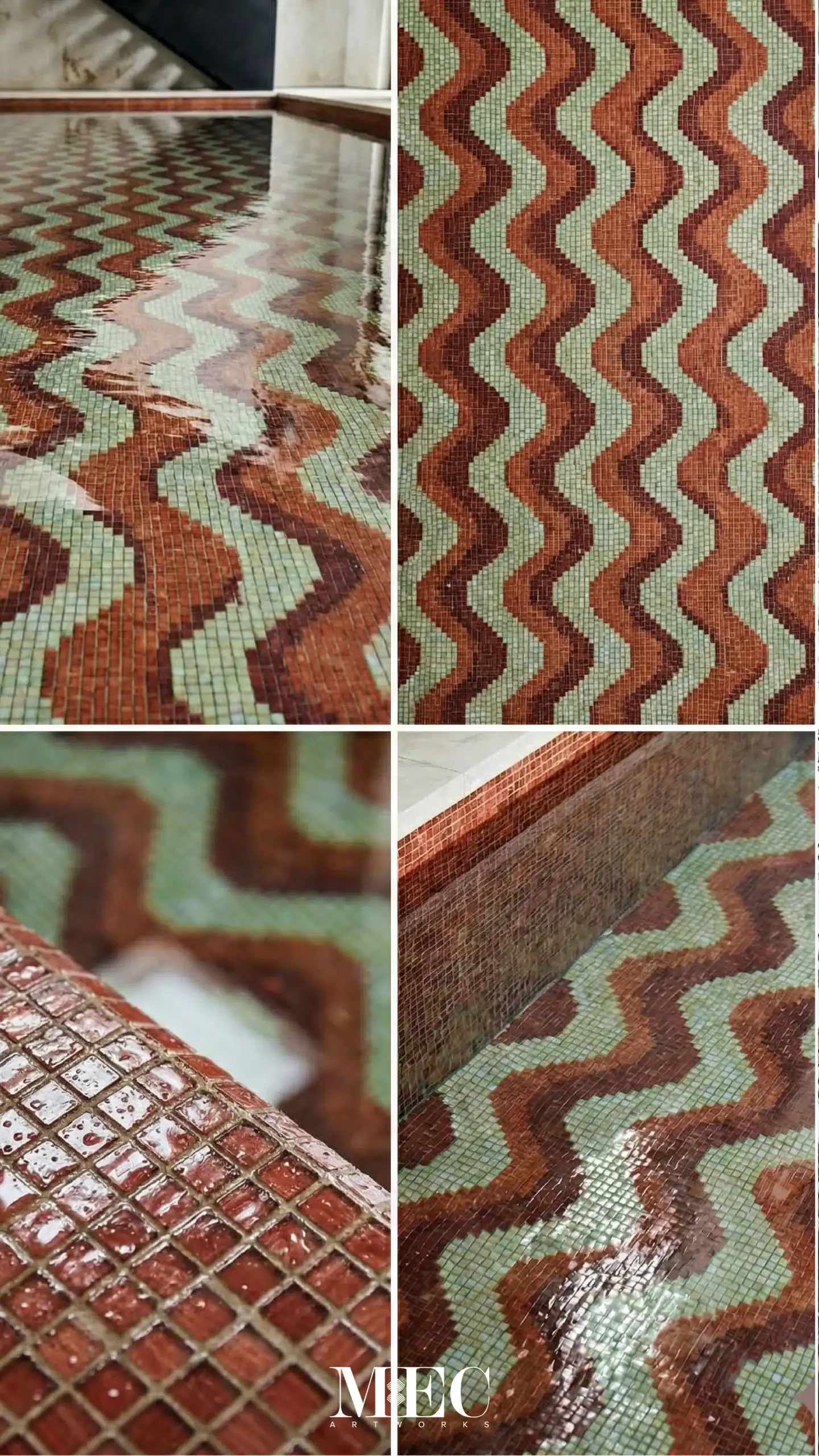 pool with flowing terracotta and sage zigzag patterns creating modern underwater architectural elegance