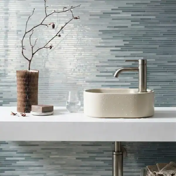 Serene Aqua Bathroom Mosaic light blue linear glass mosaic wall tiles with glossy finish in modern luxury bathroom interior with minimalist spa aesthetic
