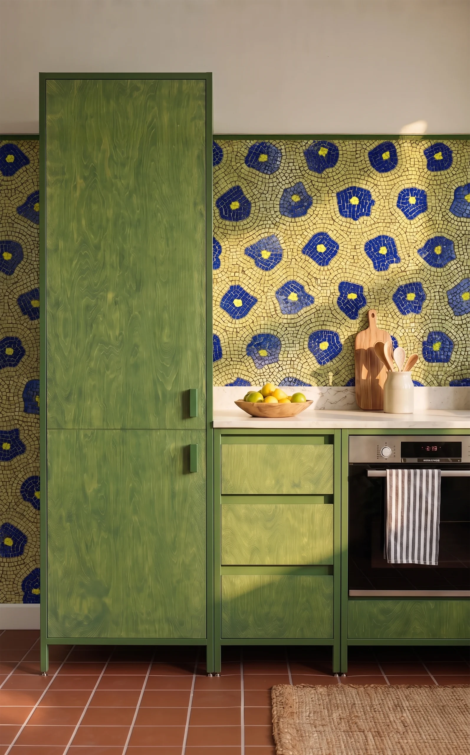 blue floral mosaic backsplash with handcrafted Mediterranean pattern and green cabinetry in luxury contemporary kitchen interior