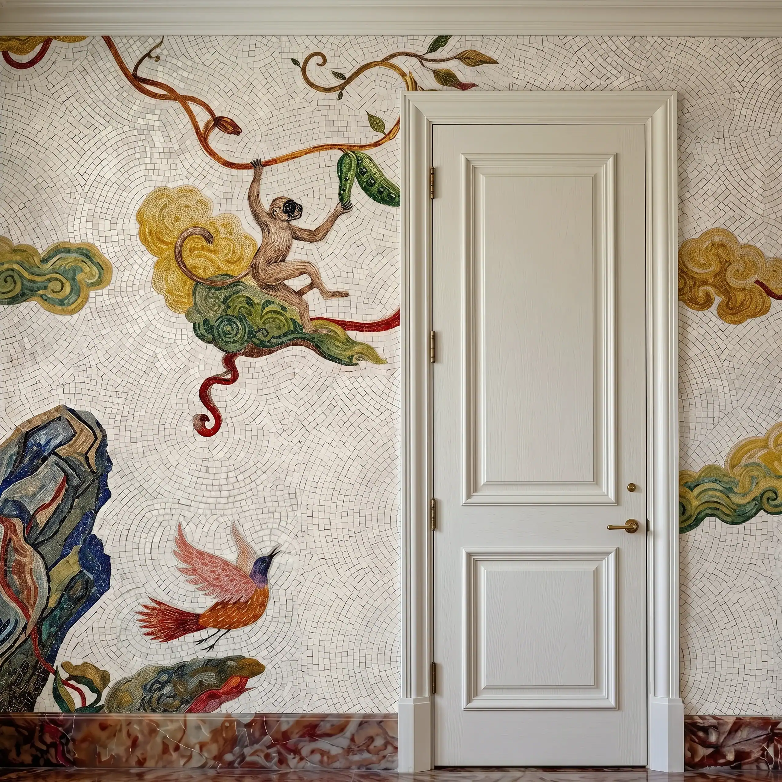 luxury mythological mosaic wall featuring exotic birds, clouds, and botanical artistry in elegant handcrafted interior design