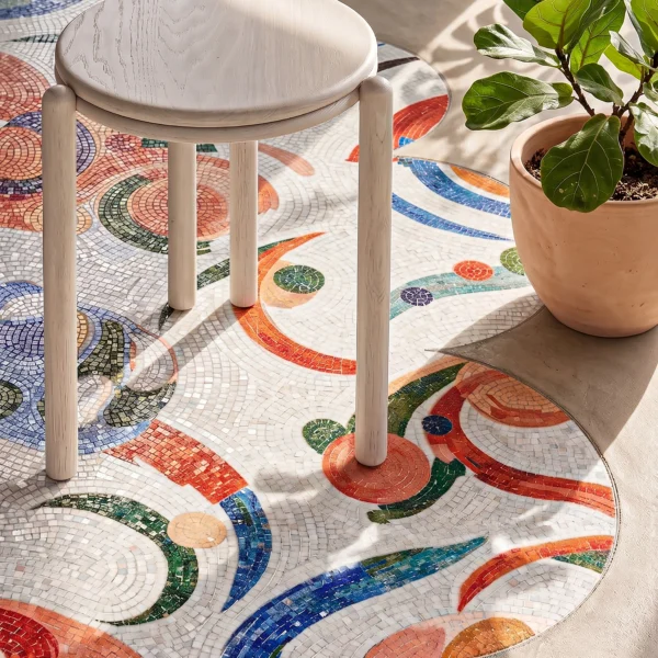 The Bauhaus Medley abstract colorful mosaic flooring with Bauhaus-inspired curved patterns and geometric artistic design in contemporary interior space