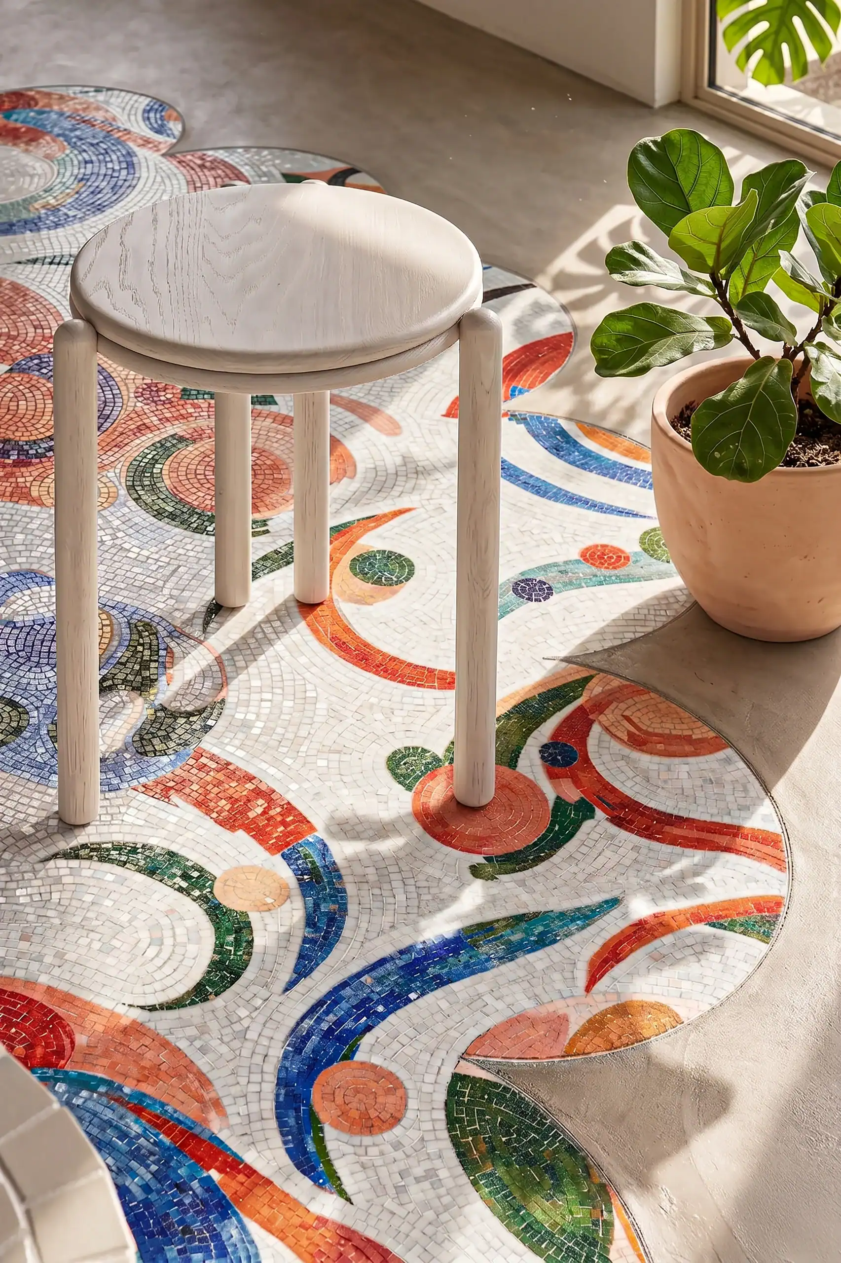 abstract colorful mosaic flooring with Bauhaus-inspired curved patterns and geometric artistic design in contemporary interior space