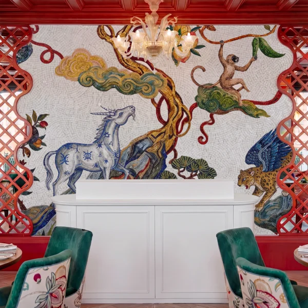The Chimerical Grandeur luxury mythological mosaic mural featuring fantasy creatures, flowing vines, and handcrafted artistic storytelling in elegant interior