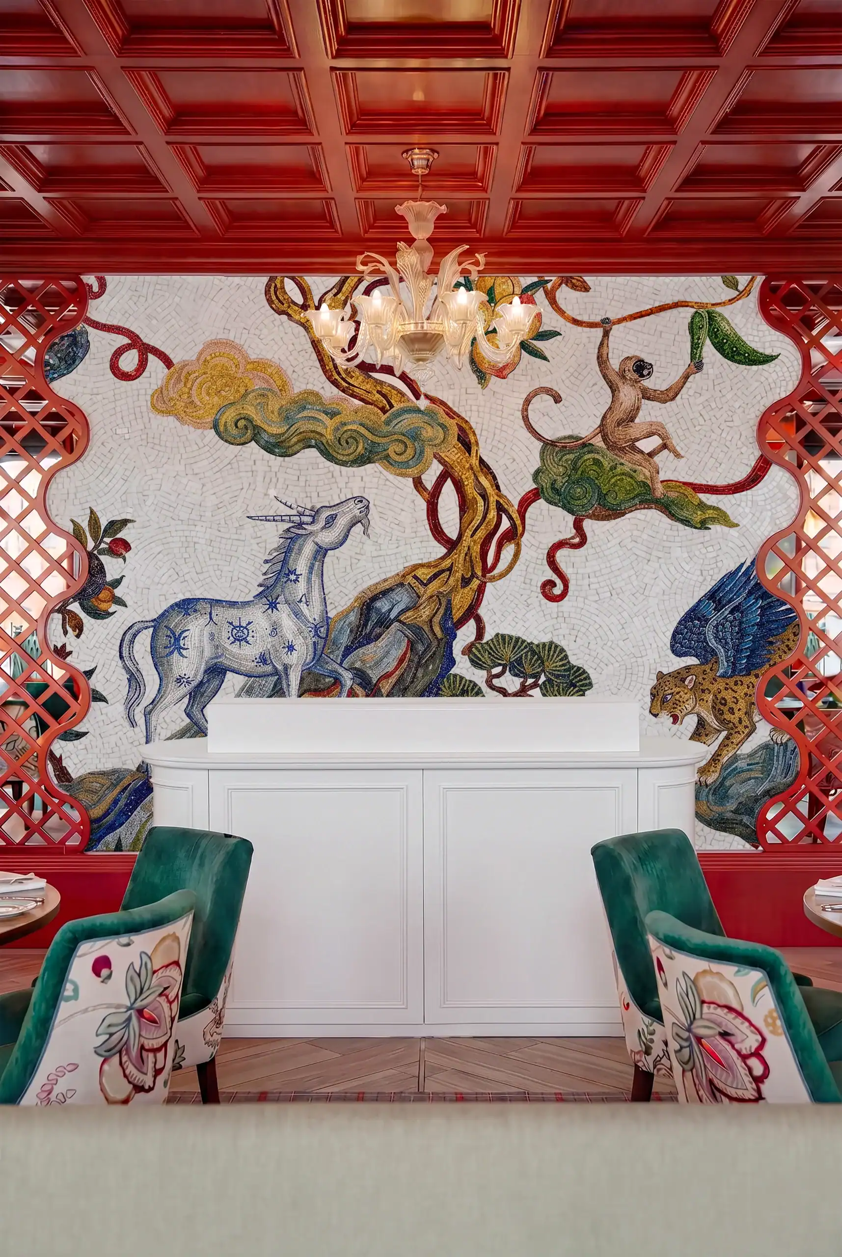 luxury mythological mosaic mural featuring fantasy creatures, flowing vines, and handcrafted artistic storytelling in elegant interior