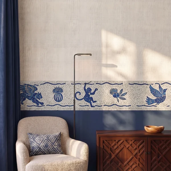blue and white mythological mosaic border with handcrafted animal motifs in elegant Mediterranean-inspired interior design
