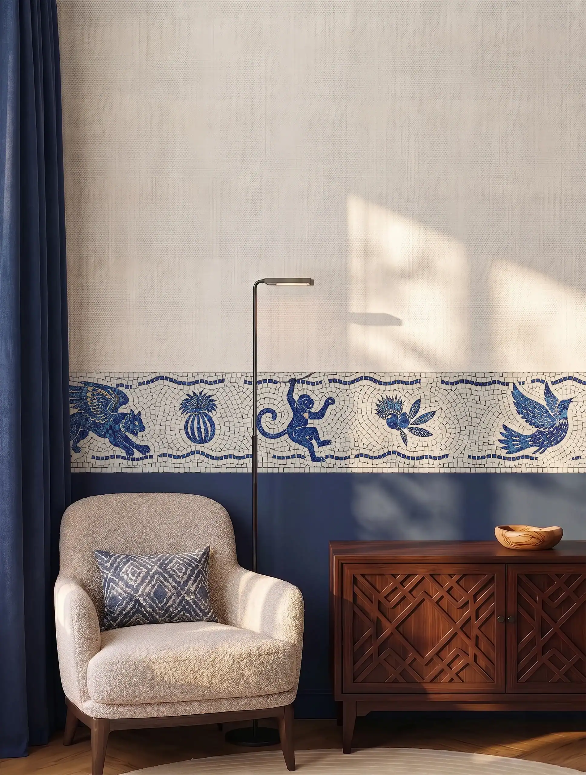 blue and white mythological mosaic border with handcrafted animal motifs in elegant Mediterranean-inspired interior design