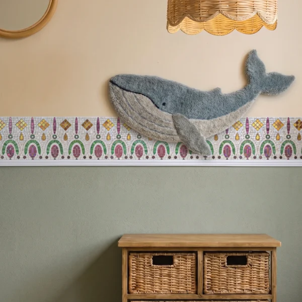 pastel decorative mosaic border with nautical-inspired geometric motifs in a whimsical coastal interior setting