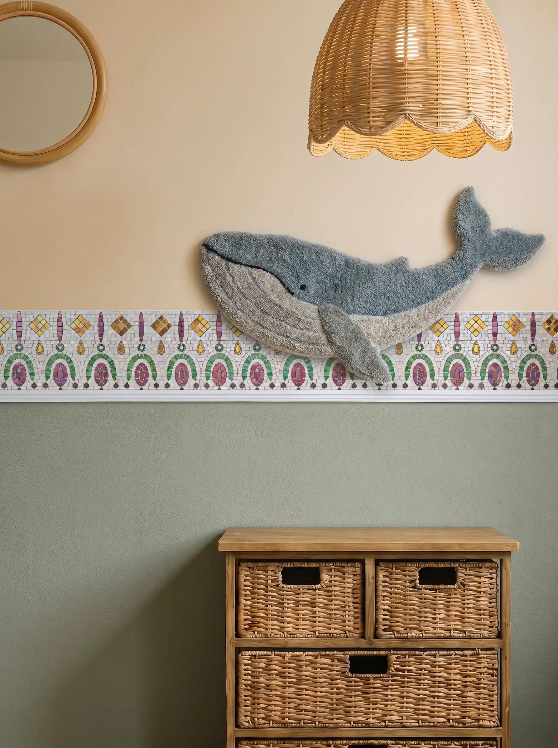 pastel decorative mosaic border with nautical-inspired geometric motifs in a whimsical coastal interior setting