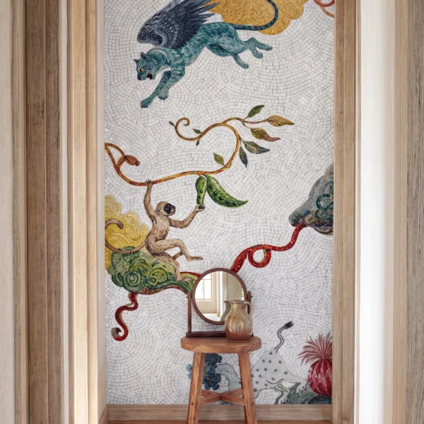 The Mythic Flow 1 luxury mythological mosaic wall mural with winged creatures, vines, and handcrafted artistic details in a modern hallway interior
