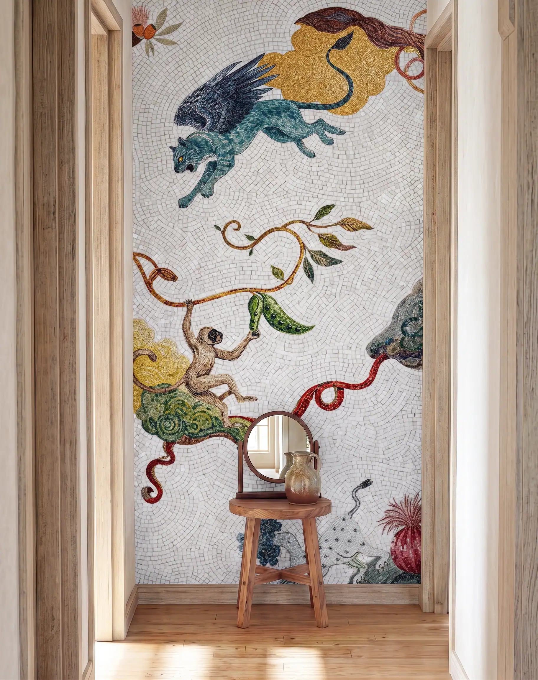 luxury mythological mosaic wall mural with winged creatures, vines, and handcrafted artistic details in a modern hallway interior