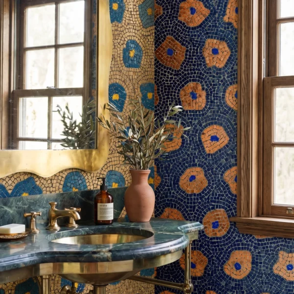 The Obsidian Flora luxury floral mosaic bathroom wall with deep blue and terracotta botanical patterns beside a marble vanity and gold mirror