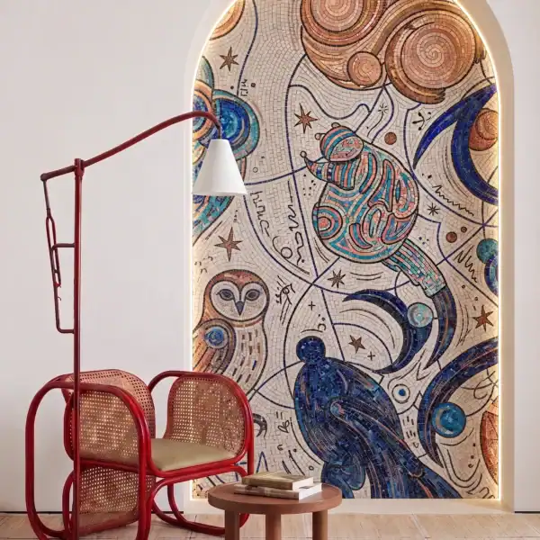 The Oracle’s Alcove arched celestial mosaic niche featuring abstract cosmic motifs and handcrafted blue artistic patterns in a luxury interior
