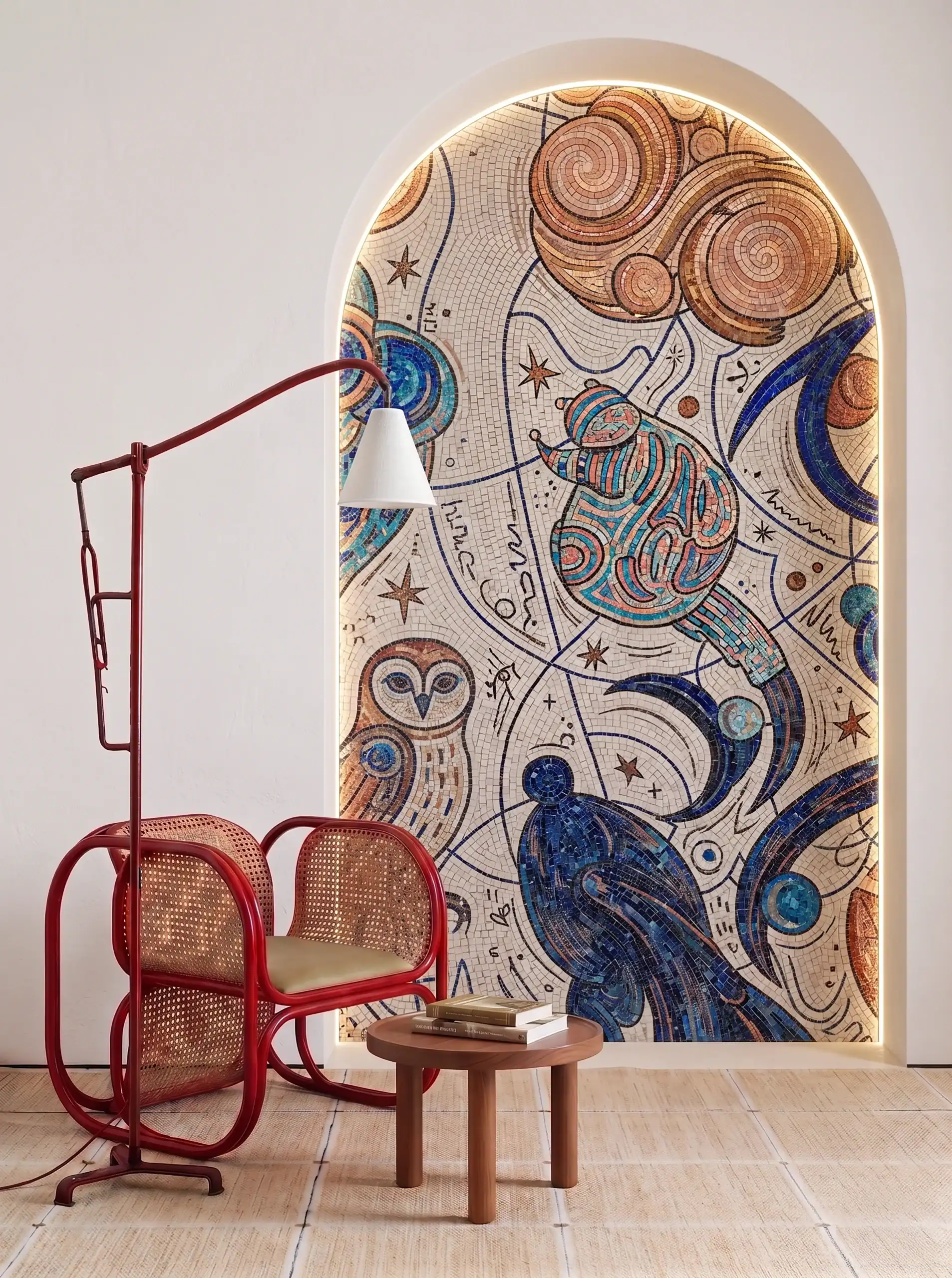 arched celestial mosaic niche featuring abstract cosmic motifs and handcrafted blue artistic patterns in a luxury interior