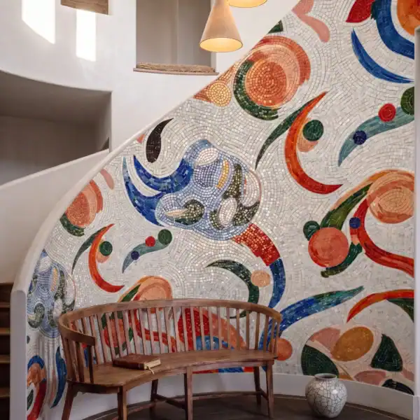 The Venetian Chroma (1) large colorful abstract mosaic staircase wall with flowing multicolor artistic patterns in a modern luxury interior