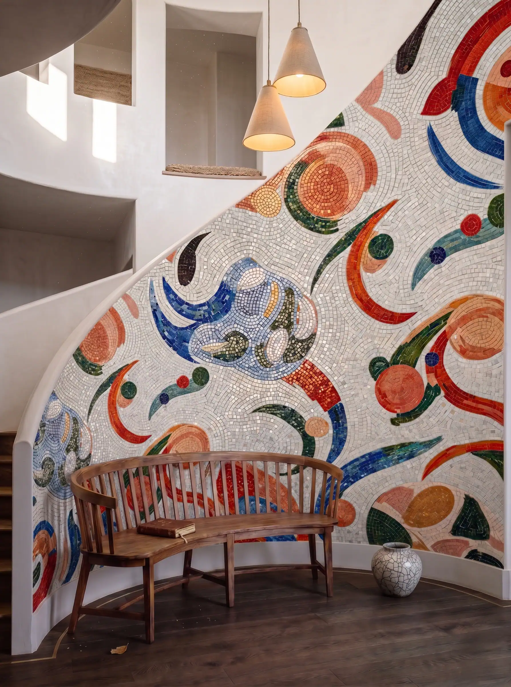 large colorful abstract mosaic staircase wall with flowing multicolor artistic patterns in a modern luxury interior
