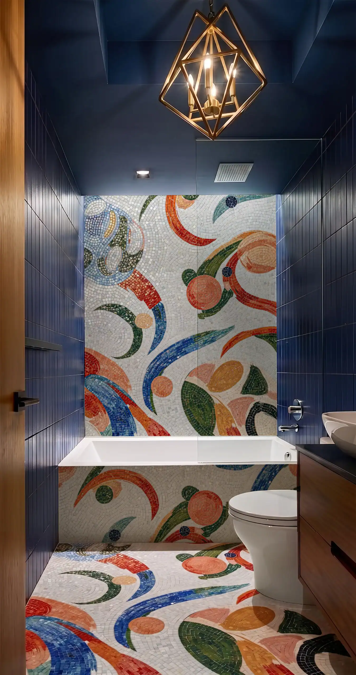 colorful abstract mosaic bathroom with flowing multicolor patterns across walls and floor in a modern luxury interior