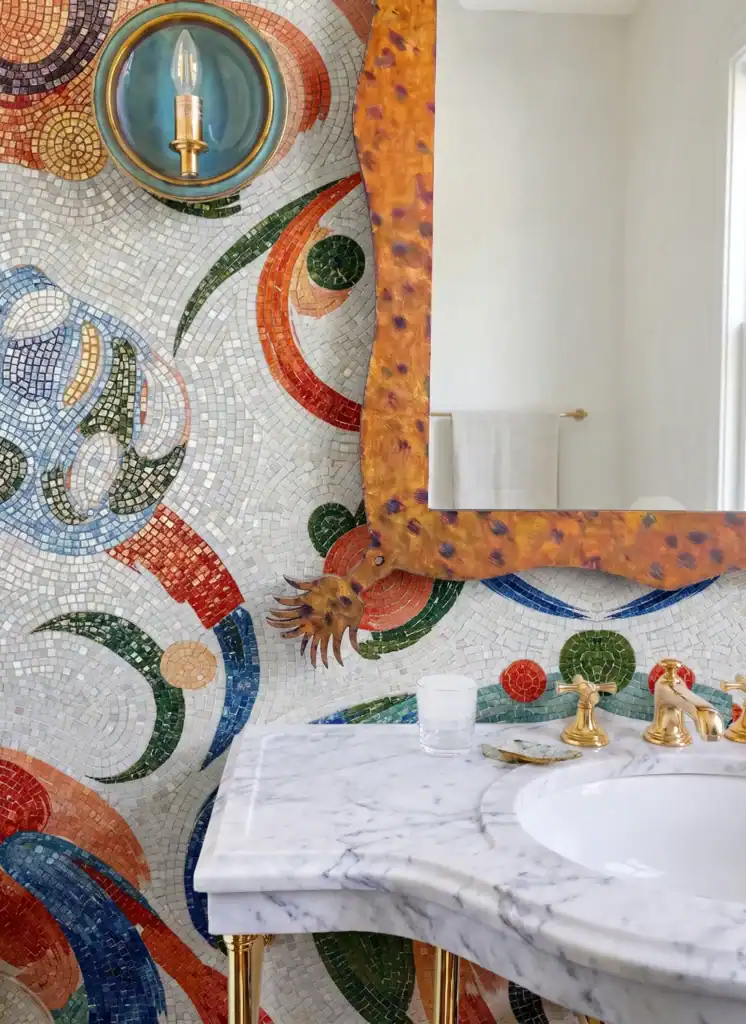 Vibrant Orange and White Mosaic Bathroom Backsplash