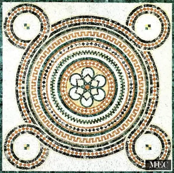 A geometric mosaic tile design in the form of an intricate medallion, with circular geometric borders and a floral motif in the center in emerald green and cream marble