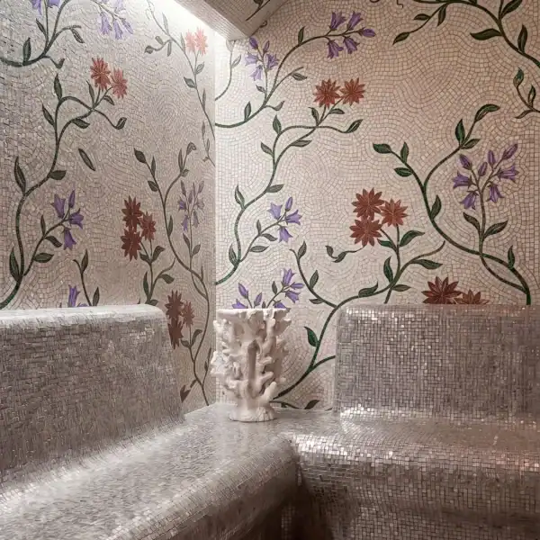 Amethyst Vine floral mosaic spa interior featuring lavender blossoms crimson flowers and flowing botanical vines across walls ceiling and floor