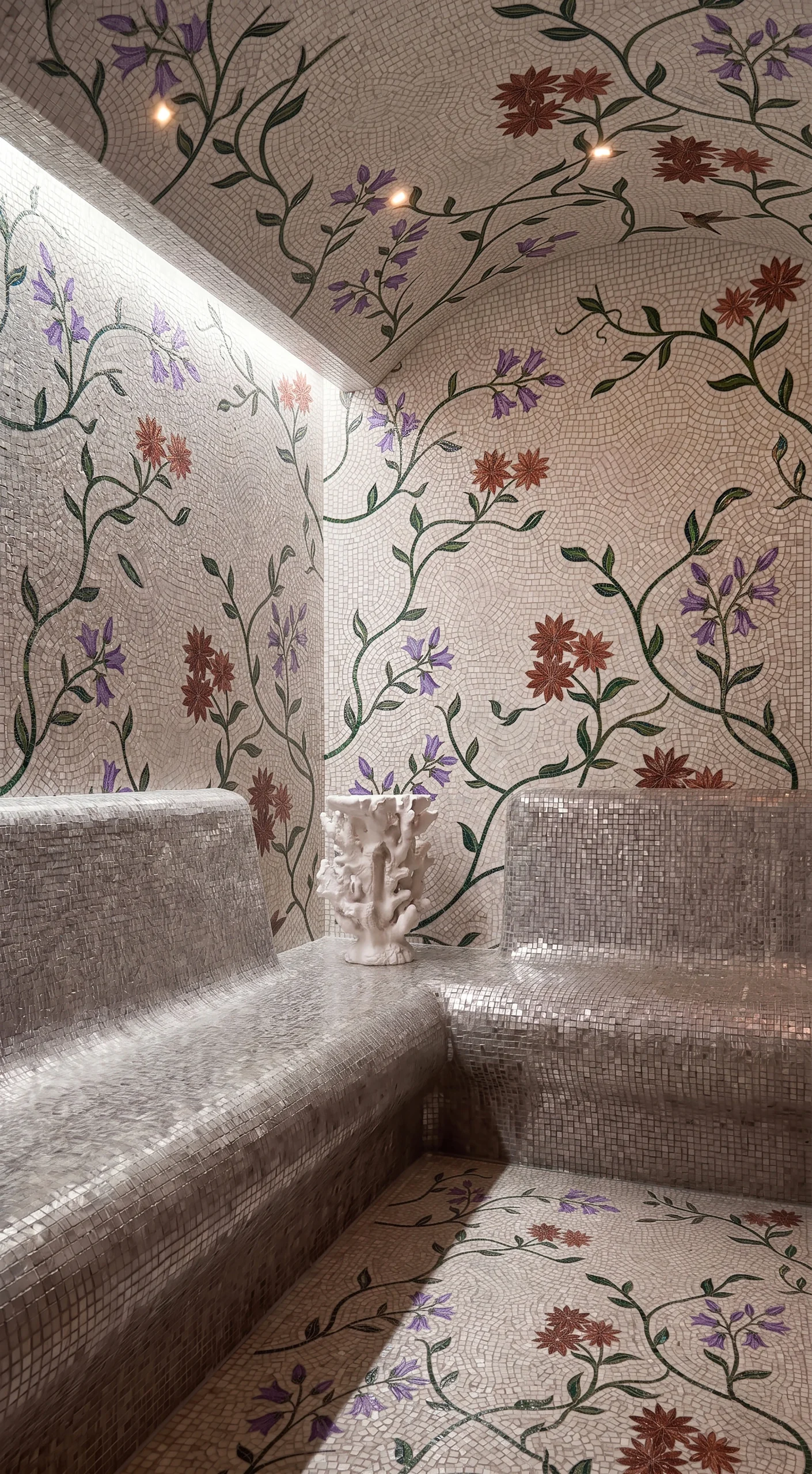 floral mosaic spa interior featuring lavender blossoms crimson flowers and flowing botanical vines across walls ceiling and floor