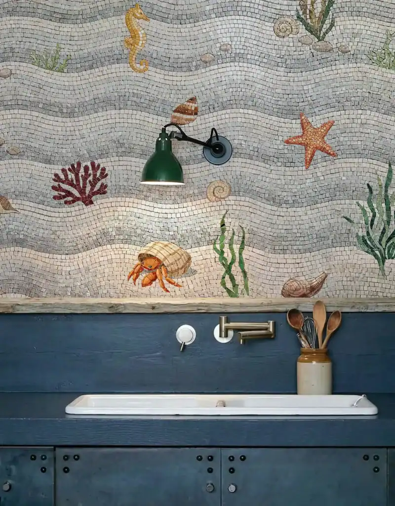 A kitchen backsplash showcasing a whimsical underwater scenery with a crab, seahorse and a starfish with dark blue countertop along with a classic white sink