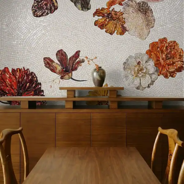 Blossom Opulence large floral mosaic mural featuring elegant blooms in burgundy copper ivory and gold tones on a textured botanical background