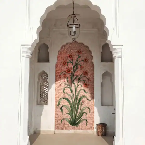 Blossoming Heritage Mosaic Wall floral mosaic panel in an arched niche featuring blooming flowers and flowing green foliage on a soft coral background
