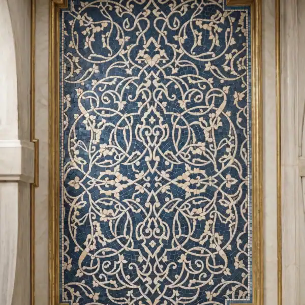 Blue Arabesque Mosaic Wall luxury blue arabesque mosaic wall panel featuring intricate ivory floral scrollwork inspired by islamic and moorish architecture