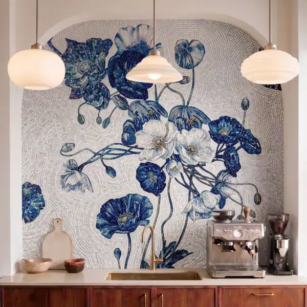 Cerulean Arched Botanica blue floral mosaic mural featuring cerulean blossoms and botanical stems within an elegant arched architectural design