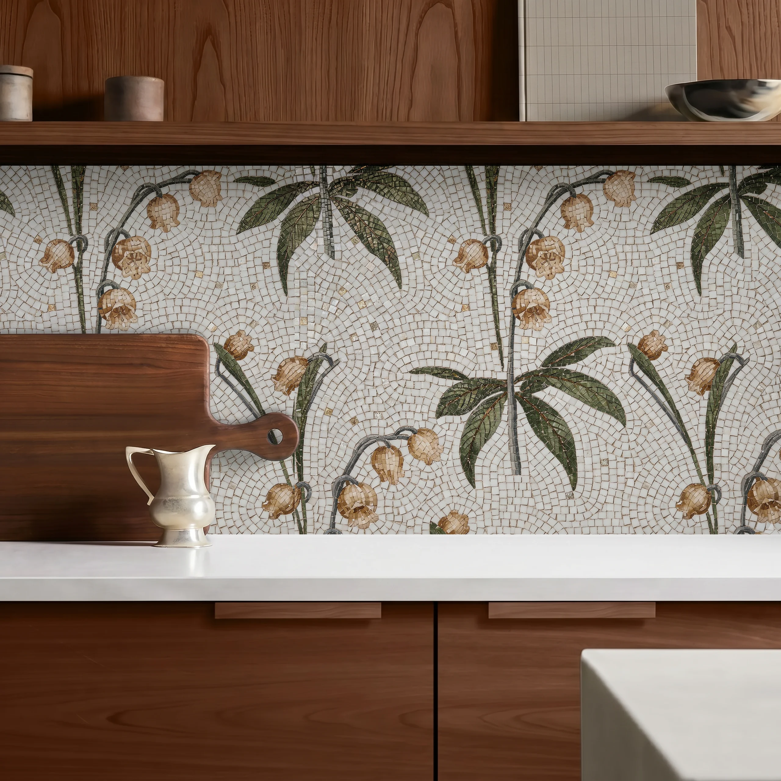 botanical mosaic backsplash featuring lily-of-the-valley inspired blooms with green foliage on an ivory handcrafted mosaic background