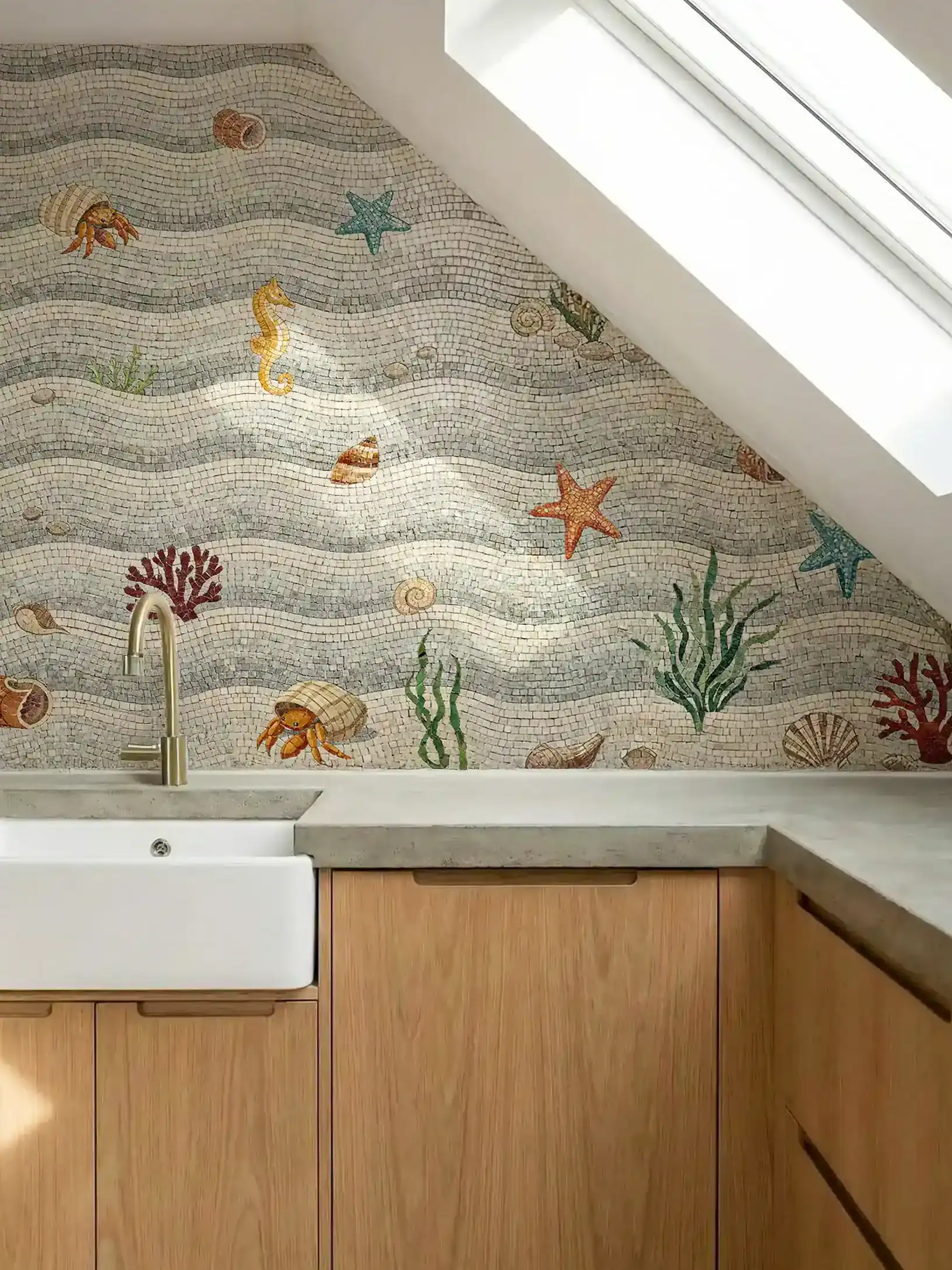 A coastal and wave-pattern mosaic backsplash in sandy neutral, with a yellow seahorse, blue and orange starfish, crab, seashells and coral reds.