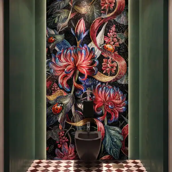 Crimson Nocturne dramatic floral mosaic panel featuring crimson blossoms, flowing foliage, and jewel-toned details on a dark handcrafted mosaic background