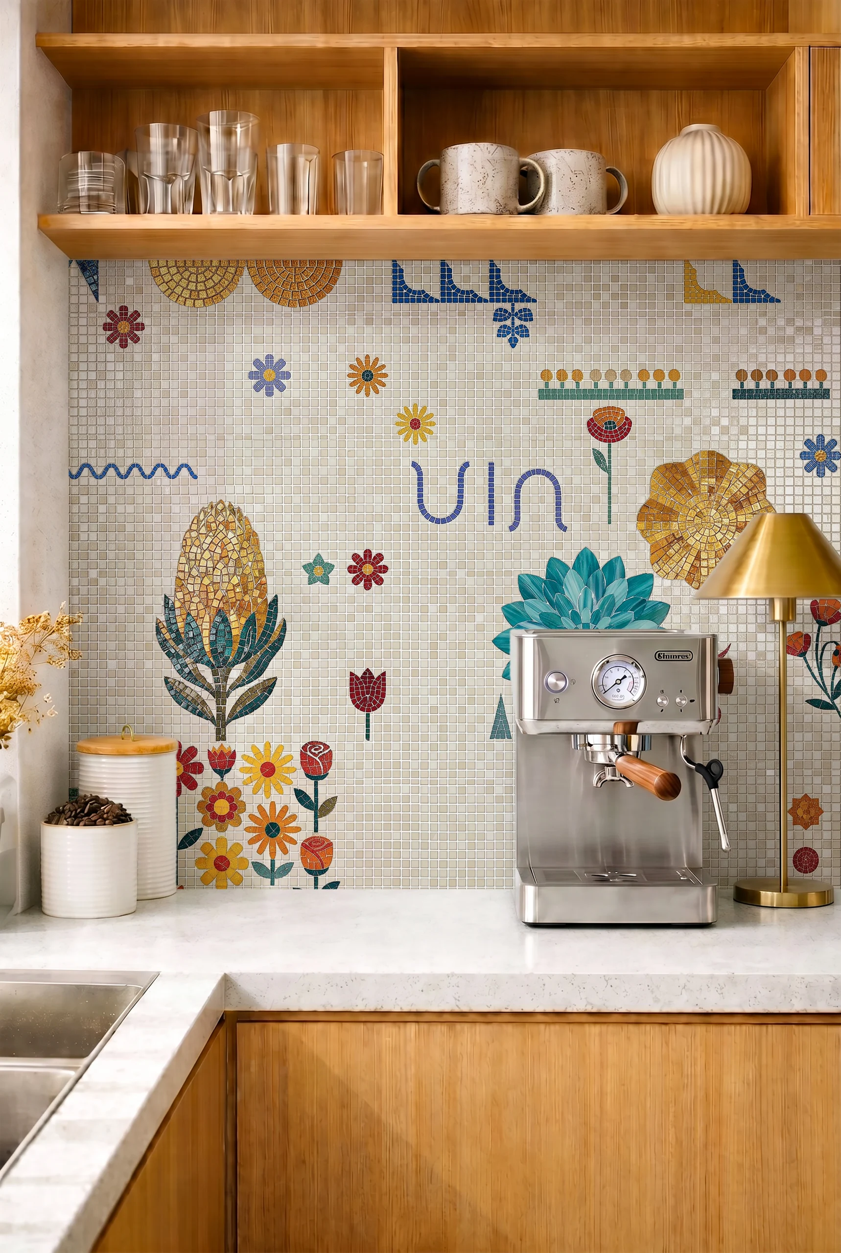 mosaic backsplash featuring vibrant flowers, geometric motifs, and handcrafted details on an ivory mosaic background