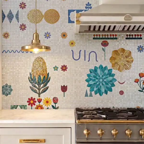 Eden Rhapsody colorful botanical mosaic backsplash featuring vibrant flowers, geometric motifs, and handcrafted details on an ivory mosaic background