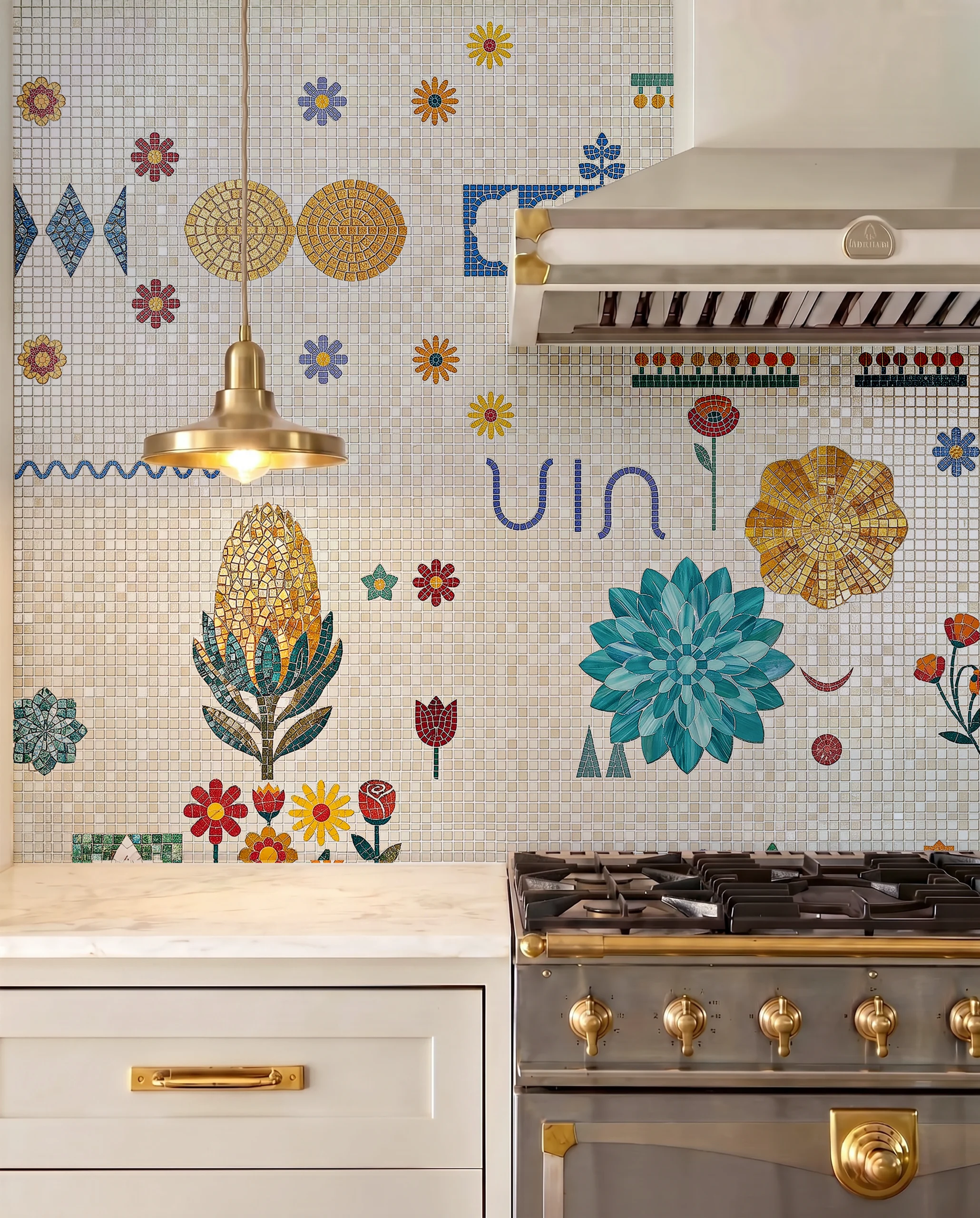 colorful botanical mosaic backsplash featuring vibrant flowers, geometric motifs, and handcrafted details on an ivory mosaic background