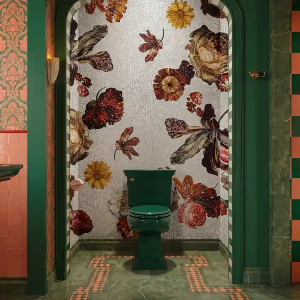 Flora Majestica luxury floral mosaic wall featuring oversized botanical blooms in crimson, gold, and ivory tones on a handcrafted mosaic background