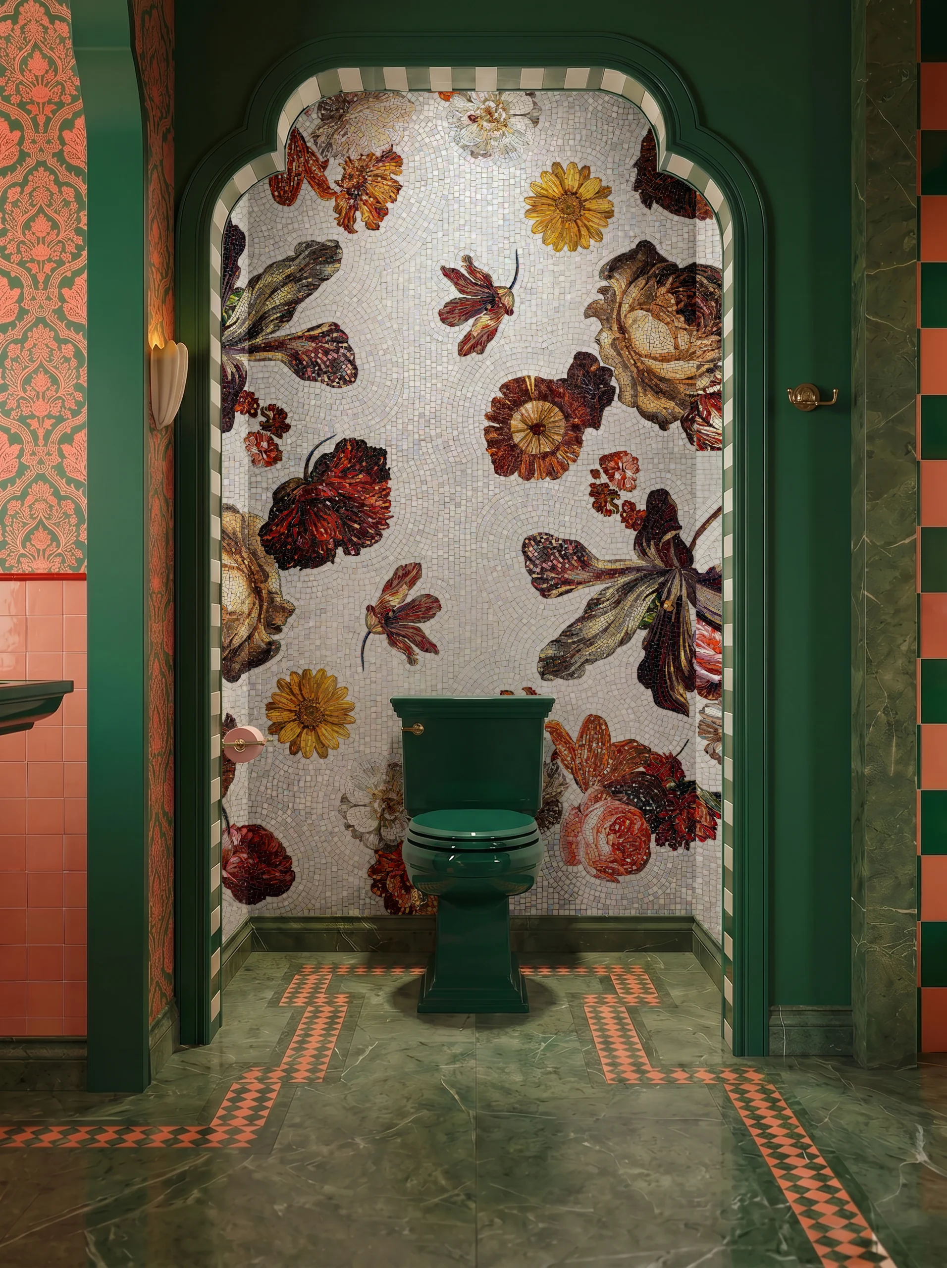 luxury floral mosaic wall featuring oversized botanical blooms in crimson, gold, and ivory tones on a handcrafted mosaic background