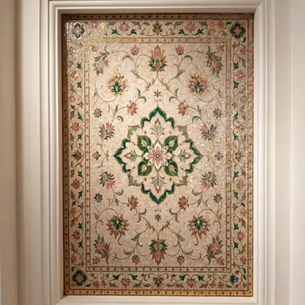 Floral Harmony Mosaic Artwork floral mosaic panel featuring an ornate central medallion with botanical motifs in ivory pink green and gold decorative design