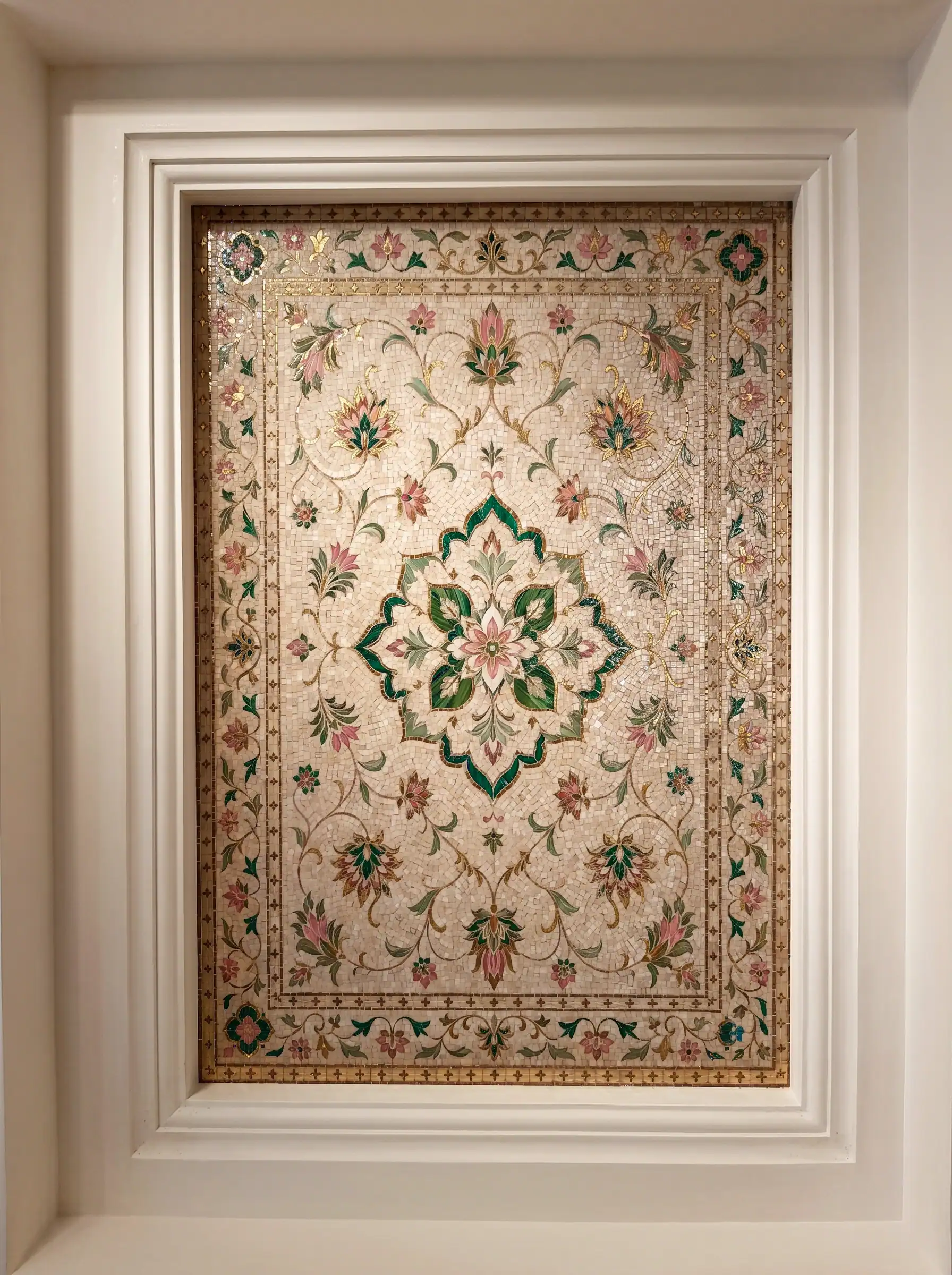 floral mosaic panel featuring an ornate central medallion with botanical motifs in ivory pink green and gold decorative design