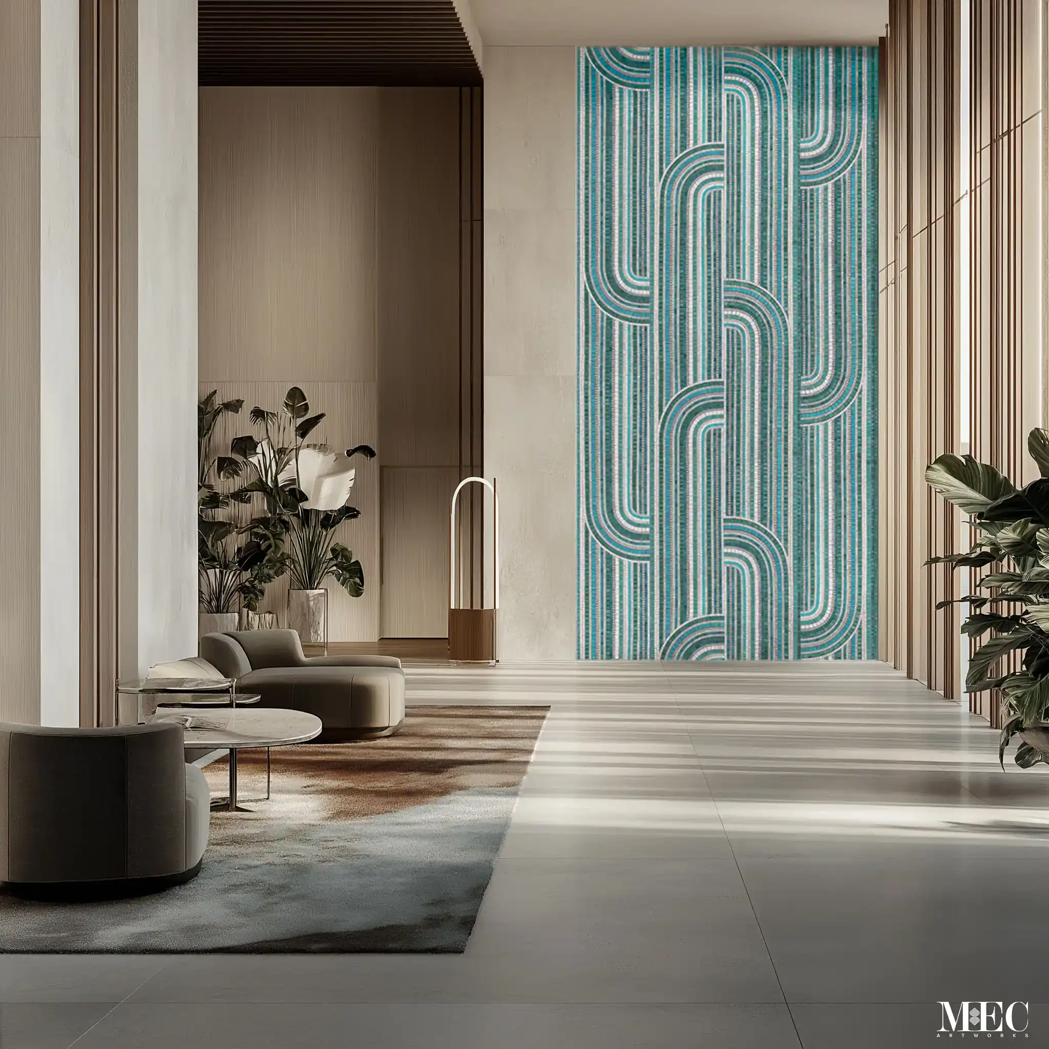 A very spacious, modern luxury building area showing a huge full size accent wall made with vertical, curved linear geometric glass mosaic patterns in the colors teal, blue, and white.